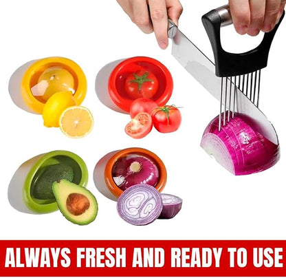 Avocado Saver Holder and Tomato Storage Set of 4 | Stainless Steel Onion Slicer - Reusable Containers for Fruits, Garlic, Lemons, Potatoes, and Vegetables - Ideal for Slicing and Keeping Fresh
