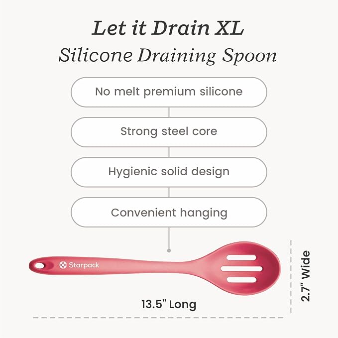 Starpack 'Let it Drain' XL Silicone Slotted Spoon(13.5 Inches) - Large Spoon with Slots for Cooking Heat Resistant to 600°F - Silicone Slotted Serving Spoons, Non Stick Cooking Spoons with Slots