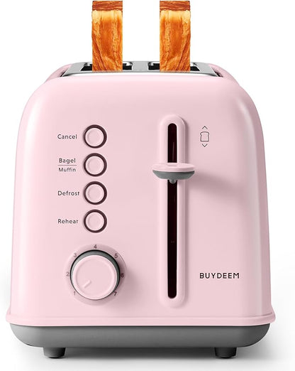 BUYDEEM DT620 2-Slice Toaster, 7 Shade Settings, Extra Wide 1.5'' Slots for Bagel & English Muffin, 6 Toasting Functions, Retro Stainless Steel Toaster with High Lift Lever, Pink
