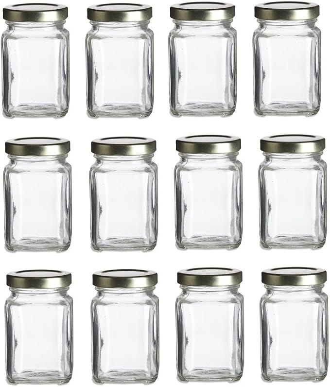 Nakpunar Victorian Square Glass Jars with Plastisol Lined Lids (3.75 fl oz, Gold)