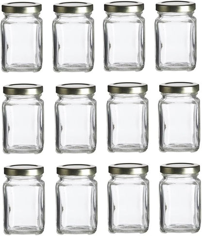 Nakpunar Victorian Square Glass Jars with Plastisol Lined Lids (3.75 fl oz, Gold)