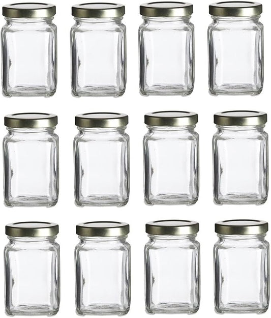 Nakpunar Victorian Square Glass Jars with Plastisol Lined Lids (3.75 fl oz, Gold)