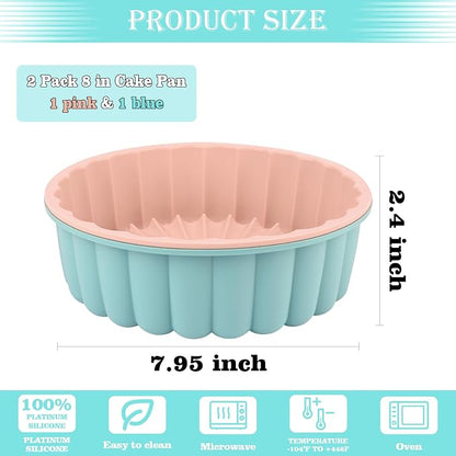 HUAKENER 2 Pcs Charlotte Cake Pan, 8 Inch Round Cake Pan, Nonstick Silicone Cake Molds for Cheese Cake, Chocolate Cake, Rainbow Cakes, Strawberry Shortcake, Brownie Tart Pie, Bule and Pink