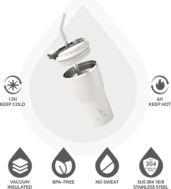 IDEUS Insulated Tumbler with Lid and Straw 14 oz, Stainless Steel Double-Wall Vacuum Leak-Proof Travel Coffee Mug, Cup Holder Friendly, White