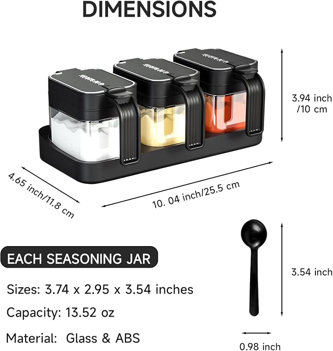 Mlici Seasoning Containers with Lid and Spoon, Set of 3 Glass Salt and Sugar Container, 13.52 Ounce Wall Mounted Condiment Jar Spice Box Set with Base for Hone Kitchen Countertop