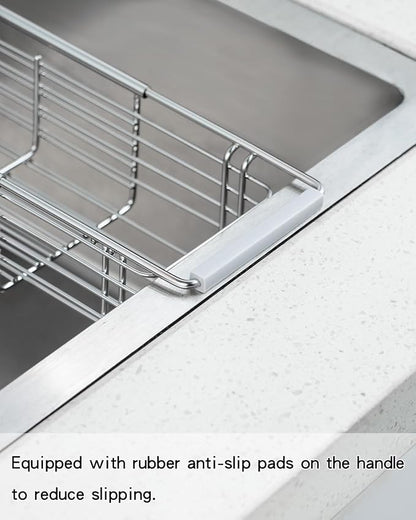 Expandable Kitchen Sink Caddy, 304 Stainless Steel Over the Sink Sponge Holder, Adjustable Drain Rack Organizer for Sponges, Brushes, Dish Soap, Rustproof & Quick-Dry