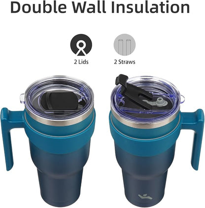 Konokyo 40 oz Tumbler with Handle and 2 Straw 2 Lid, Insulated Water Bottle Stainless Steel Vacuum Cup Reusable Travel Mug,Indigo Black