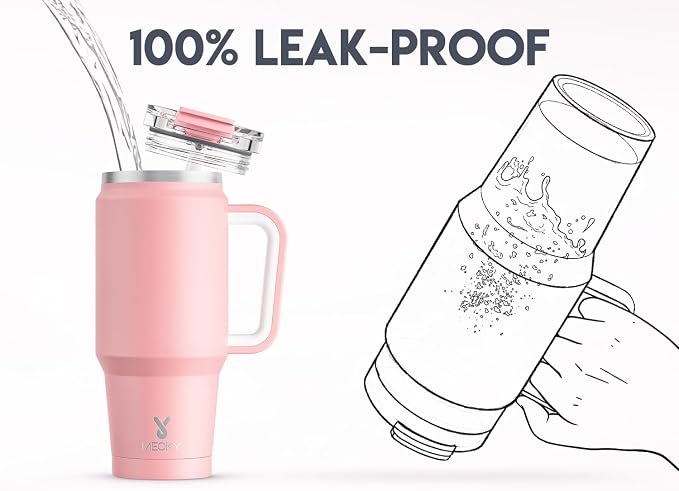 Meoky 32 oz Tumbler with Handle, Insulated Tumbler with Lid and Straw, Stainless Steel Travel Mug, Keeps Cold for 24 Hours, 100% Leak Proof, Fits in Car Cup Holder (Blush)