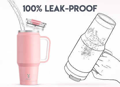 Meoky 32 oz Tumbler with Handle, Insulated Tumbler with Lid and Straw, Stainless Steel Travel Mug, Keeps Cold for 24 Hours, 100% Leak Proof, Fits in Car Cup Holder (Blush)