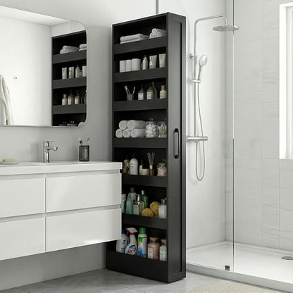Slim Rolling Storage Cart, 7-Tier Pull-Out Spice Rack with Handle & Wheels, Narrow Kitchen Organizer for Next to Fridge, Pantry, Laundry Room, 7.87 Inch Wide Space Saver (Black, Hidden Wheels)