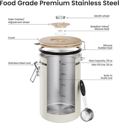 Veken Coffee Canister, 39OZ Large, Gifts For Women,Airtight Stainless Steel Food Storage Container for 2.2lbs Coffee Beans,Ground, Sugar, Tea, Flour, Cereal, Kitchen Bar Accessories,Scoop, Gift, Cream