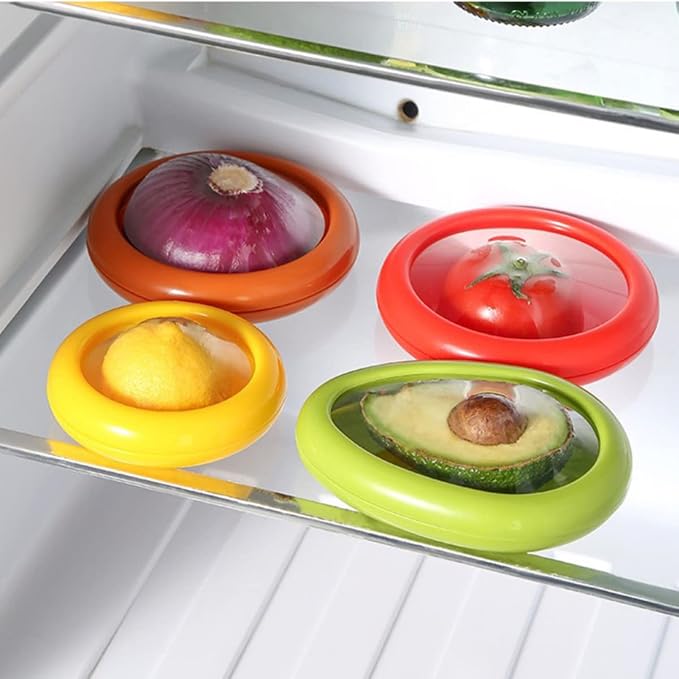 4 PCS Fruit and Vegetable Shaped Savers Storage,Reusable Transparent Thin Film Food Storage Containers Keep Food Fresh Longer, Kitchen Refrigerator Storage Accessories