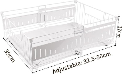 Expandable Pull Out Cabinet Organiser, No Drill Adhesive Slide Out Kitchen Drawer Shelf Durable Metal for Under Sink, Cupboard, Pantry, Adjustable Width (12.8"-19.7") (Style A White, 1 Pack)