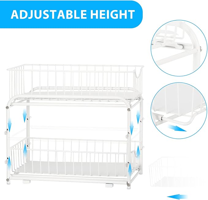 MOOACE 2-Tier Stackable Under Sink Storage Sliding Basket Organizer Drawer for Kitchen, Bathroom, Pantry, Cabinet, White