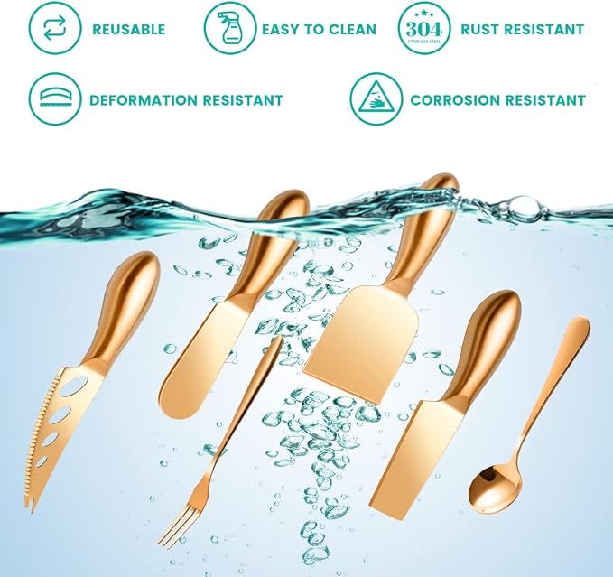 LifeMusican Rose Gold Cheese Knife Set, Cheese Butter Spreader Knife Slicer knives With Serving Tongs, Spoons, Forks, Flags Cheese Markers, Wooden Honey Dipper For Charcuterie Board Accessories
