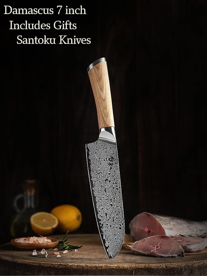 DONGSUN 7 Inch Damascus Santoku Knife with North American Black Walnut Sheath, 67-Layer VG10 Forged Steel Japanese Kitchen Knife, Professional Durable Sharpness