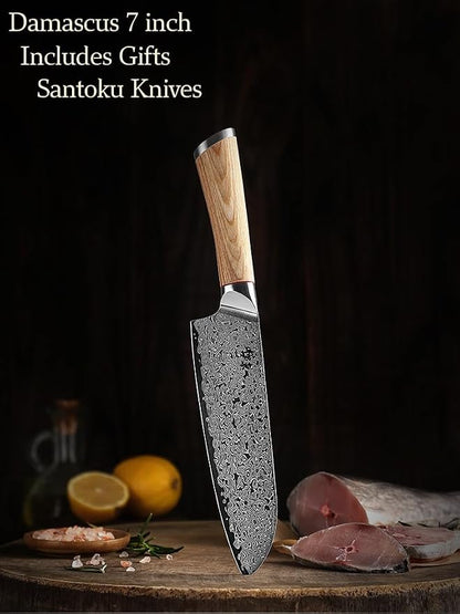 DONGSUN 7 Inch Damascus Santoku Knife with North American Black Walnut Sheath, 67-Layer VG10 Forged Steel Japanese Kitchen Knife, Professional Durable Sharpness