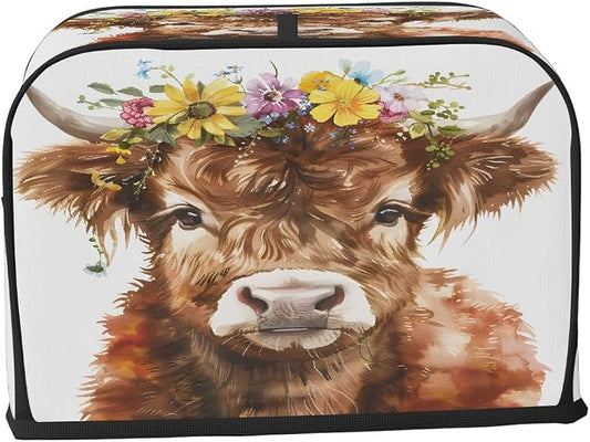 2 Slice Highland Cow Floral Toaster Cover Waterproof Dust Fingerprint Bread Machine Cover Washable Kitchen Appliance Protector For Home Kitchen Bakeware Table Decor Women Gifts