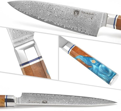 Nordic The New Shogun Series Professional 8-inch Chef Knife, 67-Layer Folded Damascus Super Steel, VG-10 Core, Rockwell 60±2 Hardness, Wood and Resin Handle, Magnetic Sheath.