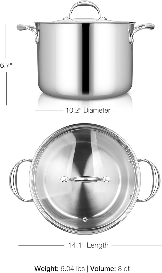 KEAWELL K3 Premium 8-Quart Tri-Ply Fully Clad Stainless Steel Stockpot with Lid, Induction & Oven Safe up to 600°F, Even Heating, Professional Cookware for All Stovetops (8-Qt)