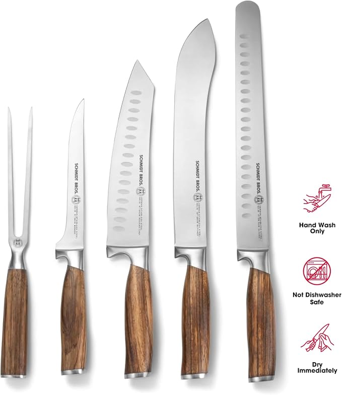 Zebra Wood 6-Piece BBQ Knife Set - Fully Forged Stainless Steel Grilling Utensils Including Brisket, Butcher, Chef's, Boning Knives, Carving Fork, Knife Carrying Roll