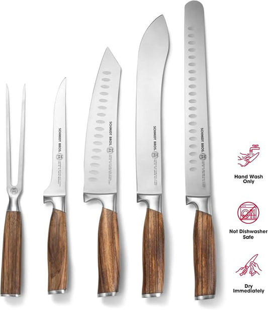 Zebra Wood 6-Piece BBQ Knife Set - Fully Forged Stainless Steel Grilling Utensils Including Brisket, Butcher, Chef's, Boning Knives, Carving Fork, Knife Carrying Roll