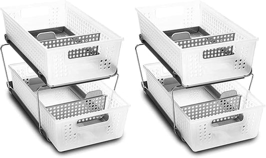 madesmart 2 Tier Bath Organizer,Undersink Storage with Sliding Drawers,for Cleaning Supplies, Pantry, Sponges,Bottles&Kitchen Essentials,Adjustable Dividers&Pull Out Sliding Baskets,Frost, (Pack of 2)