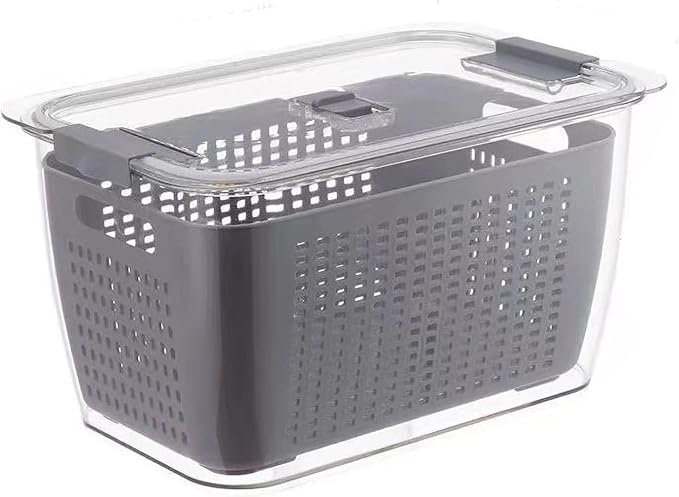 HERCHR Plastic Produce Saver Container, Vegetable Storage Containers Fruit Storage Organizer Bins Fresh Food Keeper Produce Saver with Divider for Refrigerator(4.5L-Gray)
