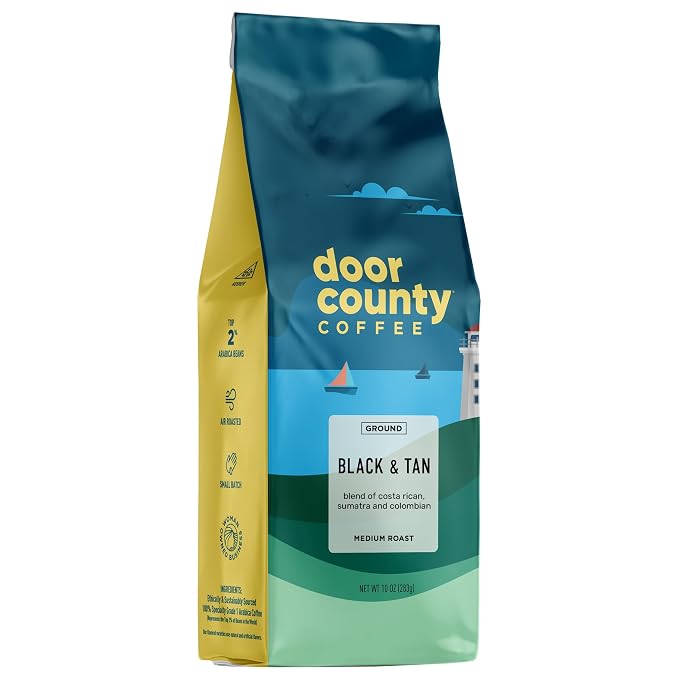 Door County Coffee Black and Tan Non-Flavored Ground - 10 oz Bag - Medium Roast - 100% Specialty Arabica - Non-Flavored Gourmet - Black and Tan