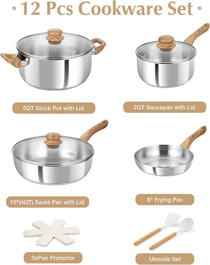 KOCH SYSTEME CS Stainless Steel Pots and Pans Set, Professional 18/10 Cookware Set Pots and Pans Set 12PCS with Cool-Touch Bakelite Handles, Tri-ply Base Kitchen Cookware Sets, Induction Compatible