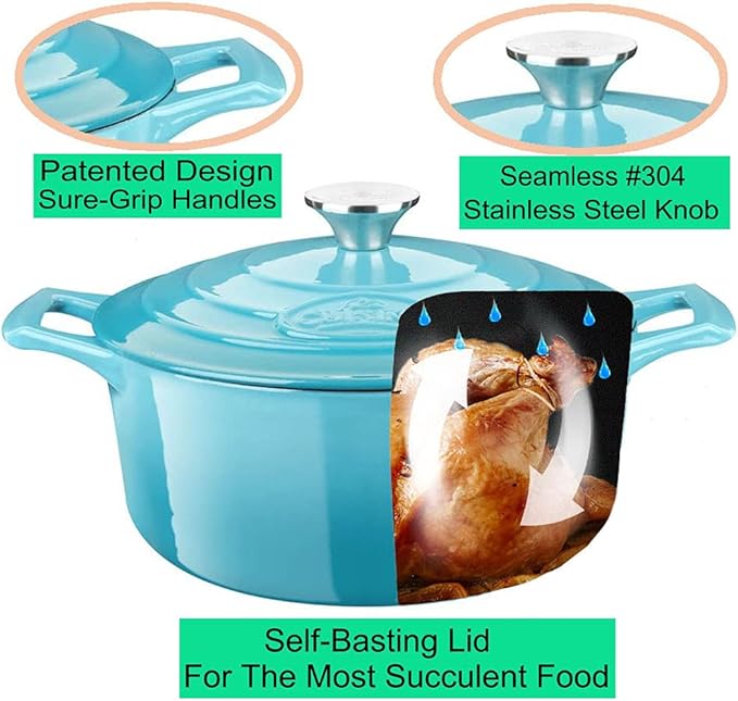 La Cuisine Enameled Cast Iron Dutch Oven Casserole Dish Pot with Lid, 2.1 QT 7.8" /20cm Dia. Internal Matt Black Enamel Coating, 2-tone Teal Enamel Exterior, Oven Safe up to 500° F for bread baking