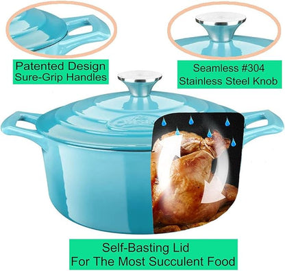 La Cuisine Enameled Cast Iron Dutch Oven Casserole Dish Pot with Lid, 2.1 QT 7.8" /20cm Dia. Internal Matt Black Enamel Coating, 2-tone Teal Enamel Exterior, Oven Safe up to 500° F for bread baking