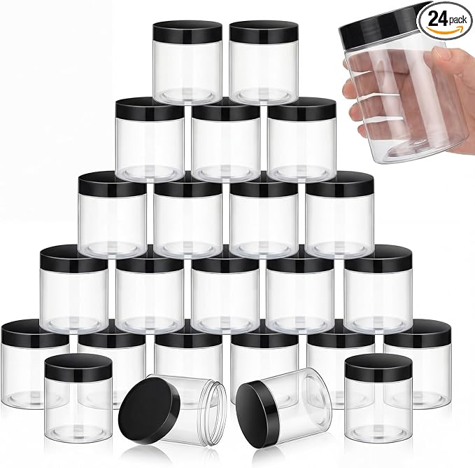 SATINIOR 24 Pieces Empty Clear Plastic Jars with Lids Round Storage Containers Wide Mouth for Beauty Product Cosmetic Cream Lotion Liquid Butter Craft and Food(Black Lid,16 oz)