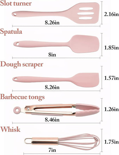 Kitchen Utensil Set,5 Pcs Mini Silicone Cooking Utensils Sets,Heat Resistant Non Stick Kitchens Gadgets BPA-Free Spatula Set,Kitchen Set for Cooking(Pink)