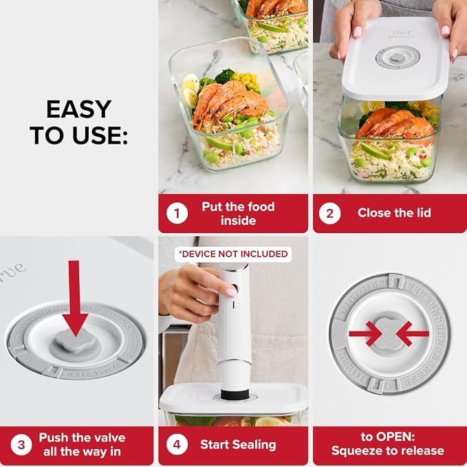 Chef Preserve Glass Vacuum Seal Containers for Food Storage, Made For Compact Vacuum Sealer, 3pcs set [1x Small, 1x Medium, 1x Large] Works With Handheld Vacuum Sealer Machine