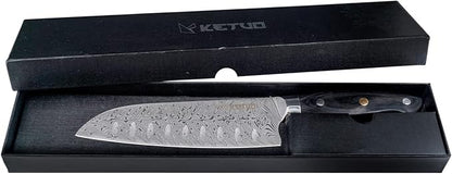 Ketuo Professional Chef Knife Damascus Carbon Steel with Laser Pattern Blade and Black Pakka Wood (7 Inch Santoku Knife)