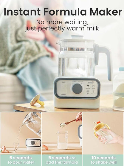GROWNSY Baby Instant Warmer, Glass Water Boiler with Accurate Temperature Control for Formula, Coffee and Tea, 1.2 Liter Electric Kettle with LCD Display and Timer