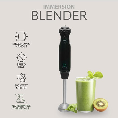 WILLOW Eco Series 5 Speed Immersion Blender Handheld, Powerful yet Quiet 500 Watt Electric Stick Blender with Turbo Mode & Removable Base, Hand Blender for Soup, Smoothie, 304 Stainless Steel - BLACK