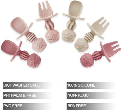 PandaEar 6 Pack Silicone Baby Spoons and Fork Feeding Set- Anti-Choke First Self Feeding Utensils for Baby Led Weaning Ages 3 Months -Pink