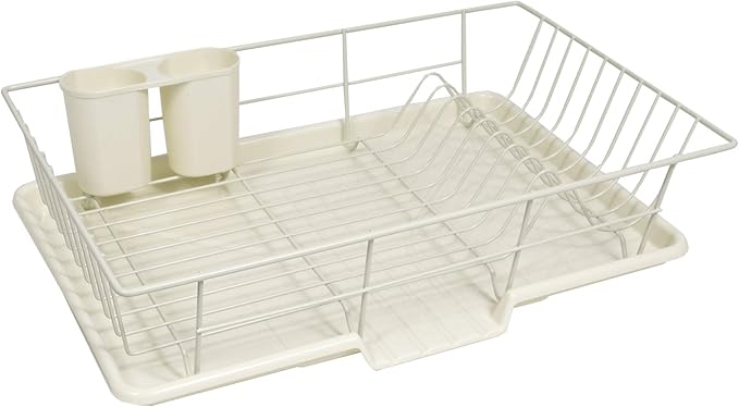 Sweet Home Collection Metal, Plasic 3 Piece Dish Drainer Rack Set with Drying Board and Utensil Holder, 12" x 19" x 5", Ivory