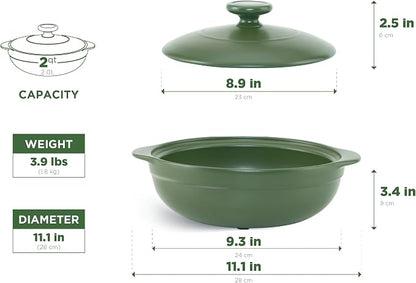 MINH LONG 2-Qt Porcelain Dutch Oven Pot with Lid – Non Toxic Clay Pot for Cooking on Gas & Infrared Cooktop, Lead & Cadmium Free, Oven Safe to 482°F, Heat Retention, Use to Marinate, Cook, Bake, Refrigerate & Serve