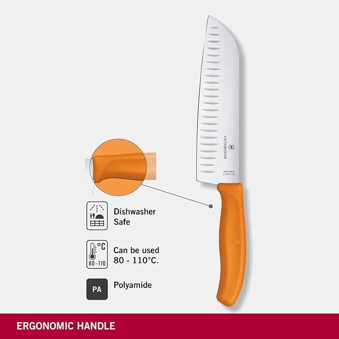 Victorinox 17 cm Fluted Blade Santoku Knife Blister Pack, Orange