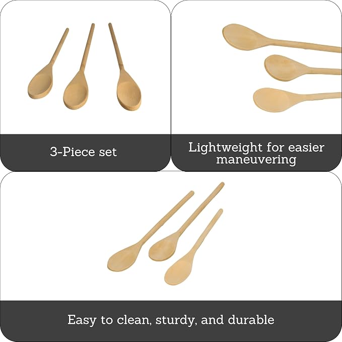 Imusa Wooden Spoons 3-Piece, Maplewood, Non-Scratch, For Cooking, 3 count (Pack of 12)