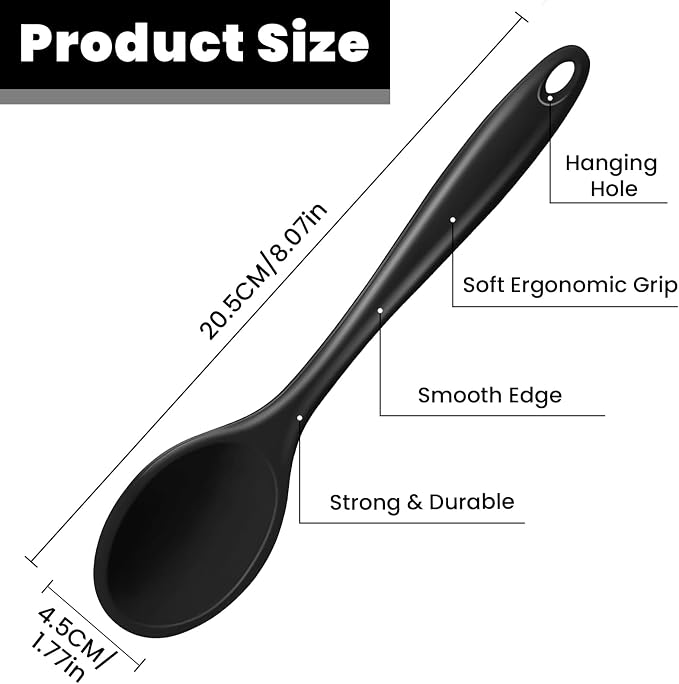 GEEKHOM Silicone Cooking Spoons, 4 Pieces 8” Heat Resistant Silicone Kitchen Utensils Set Serving Stirring Spoons for Non Stick Cooking, Mixing, Basting, Baking, Black+Red