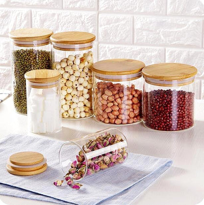 SHOWIN 15oz Glass Food Storage Jars, Glass Jars with Bamboo Lids, Kitchen Storage Jars, Set of 6, Canisters with Airtight Lids for Spice, Coffee, Cookie, Pantry Organizers