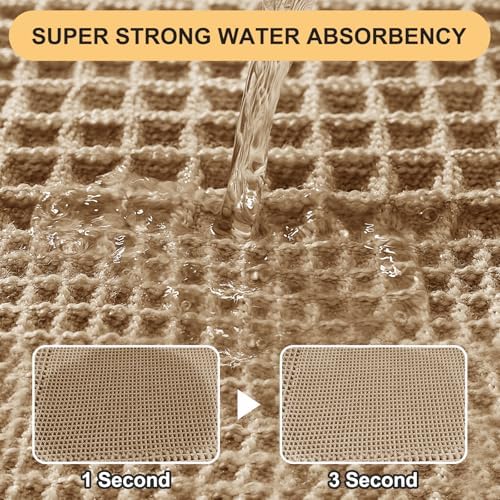 Upgrade Waffle Bath Mat, Boho Bathroom Rugs Absorbent Non Slip, Ultra Soft Bathroom Mat, Machine Washable Knit Bath Rugs with Tassels for Bathroom, Bedroom, Kitchen, Shower, Tub, Beige, 32"x20"