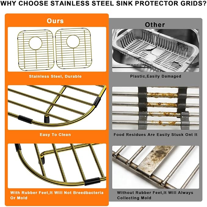 Gold Sink Protectors for Kitchen Sink 16.1"L X 13"W, Sink Rack for Bottom of Sink, Stainless Steel Sink Grid, Rust Resistant Metal Sink Protector with Sink Strainer