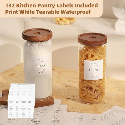 3 Pack Glass Canisters with Airtight Acacia Lids and 132 Kitchen Pantey Labels Preprint - 36 Fl OZ Borosilicate Glass Pantry Storage Jars Containers with Wooden Lids for Tea,Sugar,Cookie,Pasta,Candy