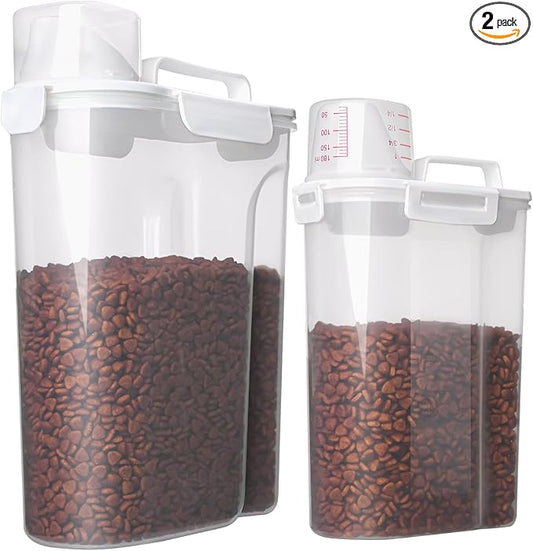 TIOVERY Dog Food Storage Container, 5-7 Lbs Airtight Pet Food Container, Cat food Container Dispenser with Portable Handle, Pouring Spout and Measuring Cup for Dogs Cats 2Pack White/6Qt
