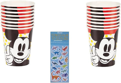 Unique Mickey Mouse Birthday Party Supplies Bundle Pack includes Party Paper Cups - 16 Count and 1 Dinosaur Sticker Sheet
